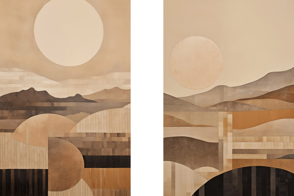 Painting of hills and sun