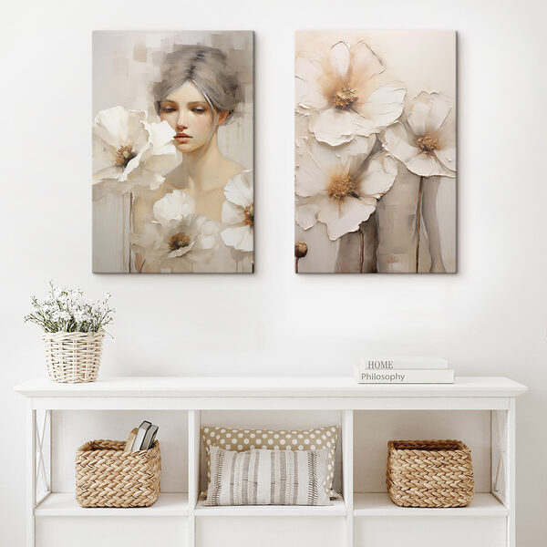 Painting of a woman with white flowers