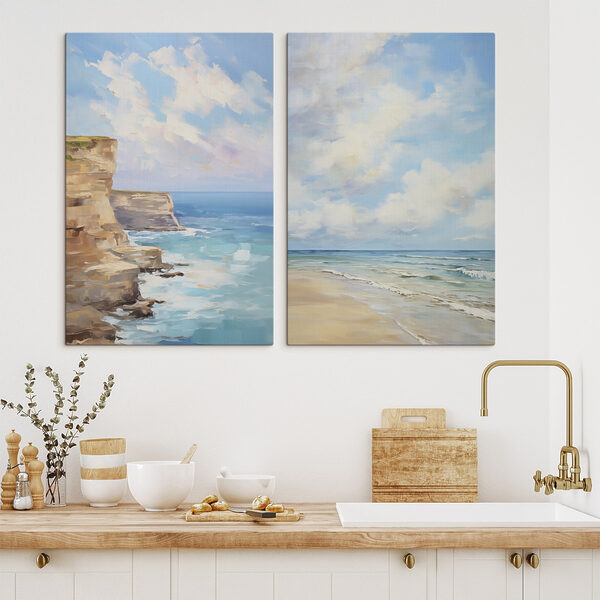 Painting of a beach and a cliff