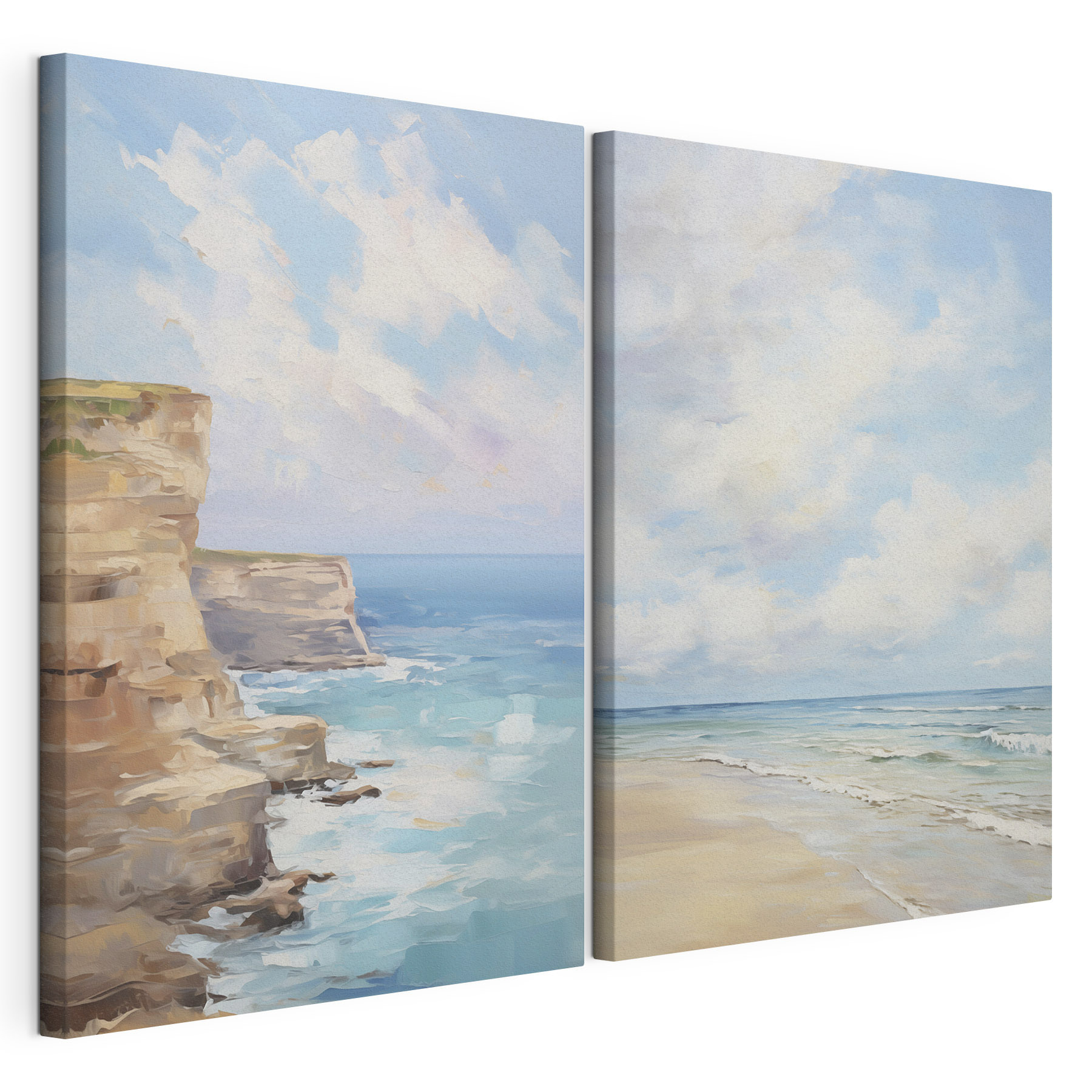 Painting of a beach and a cliff