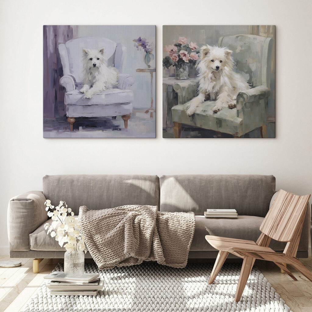 Painting of a dog sitting on a chair
