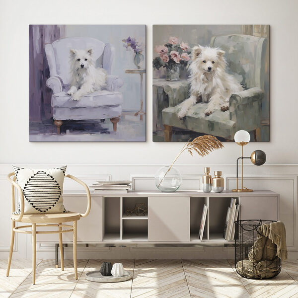 Painting of a dog sitting on a chair