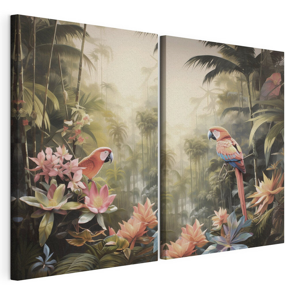 Couple of parrots on a tree branch in a forest