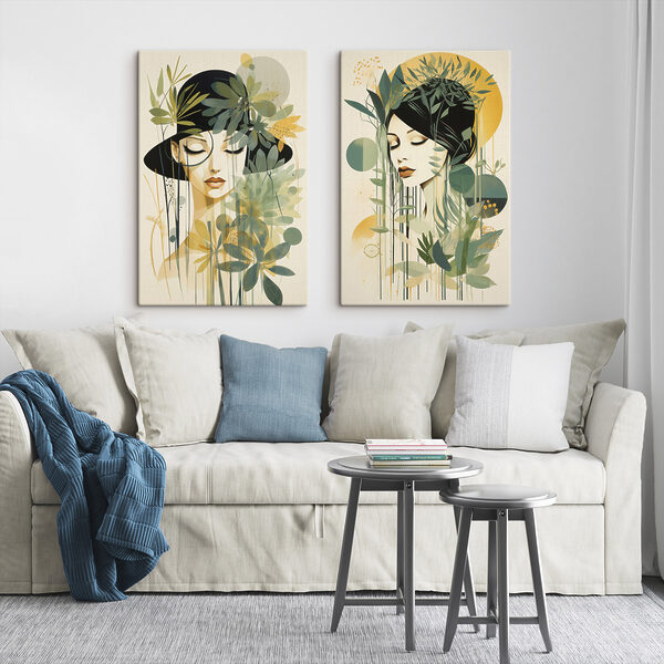 Two images of a woman with leaves