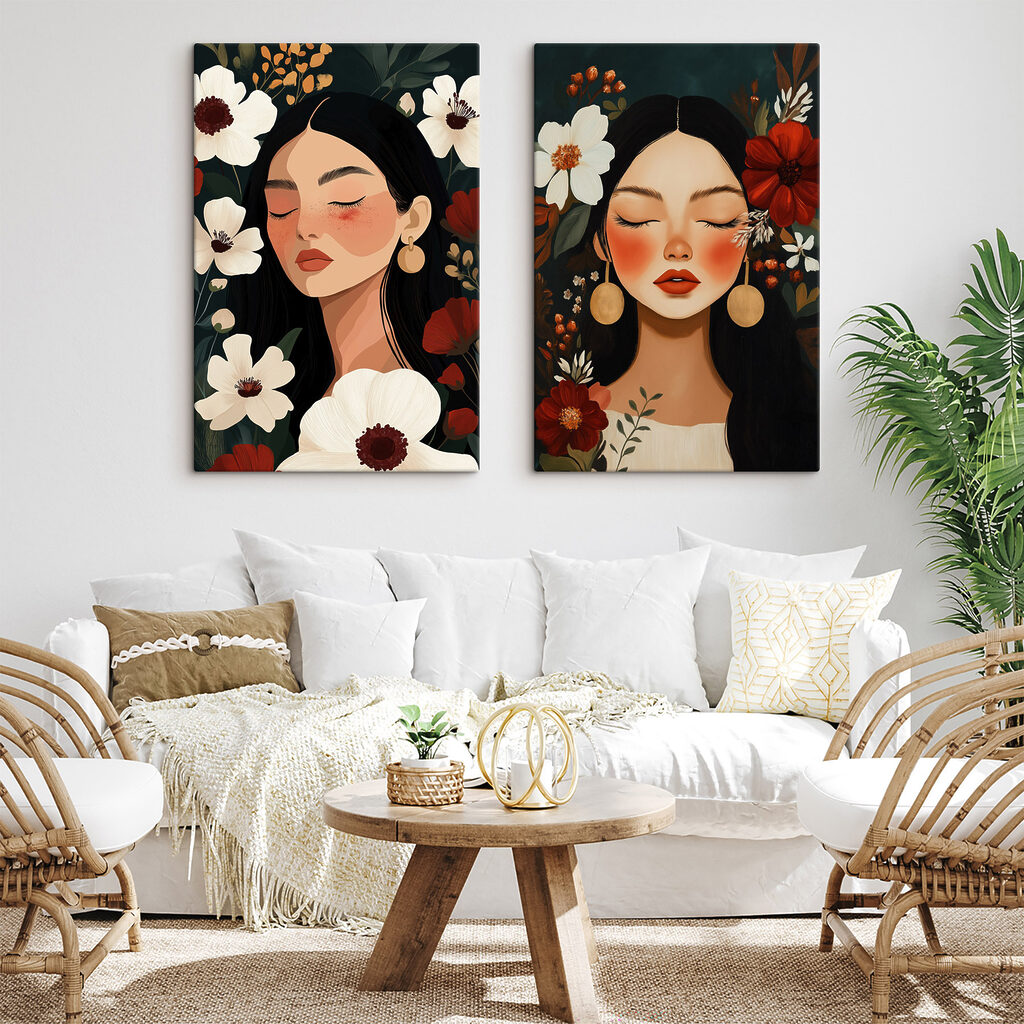 Dreamy faces among vibrant blooms