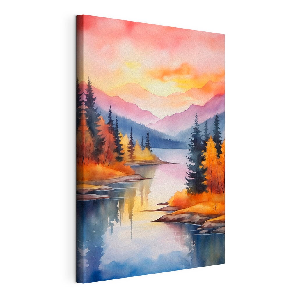 Watercolor painting of a lake surrounded by trees and mountains