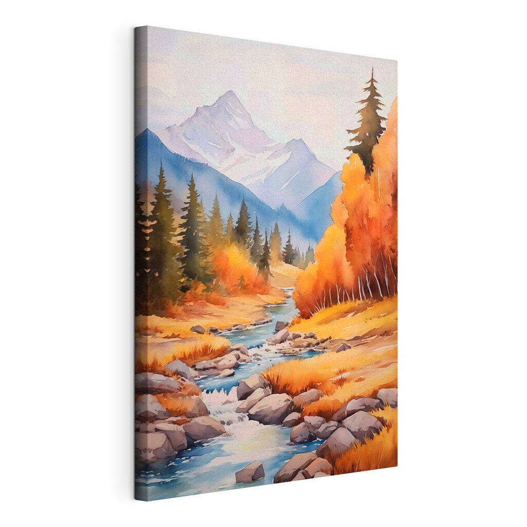 Watercolor painting of a river running through a forest