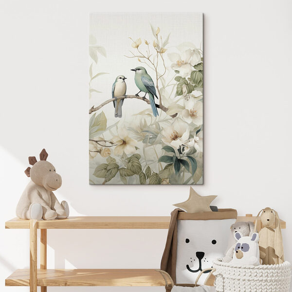Wandbilder Zwei Vögel auf einem Ast mit Blumen