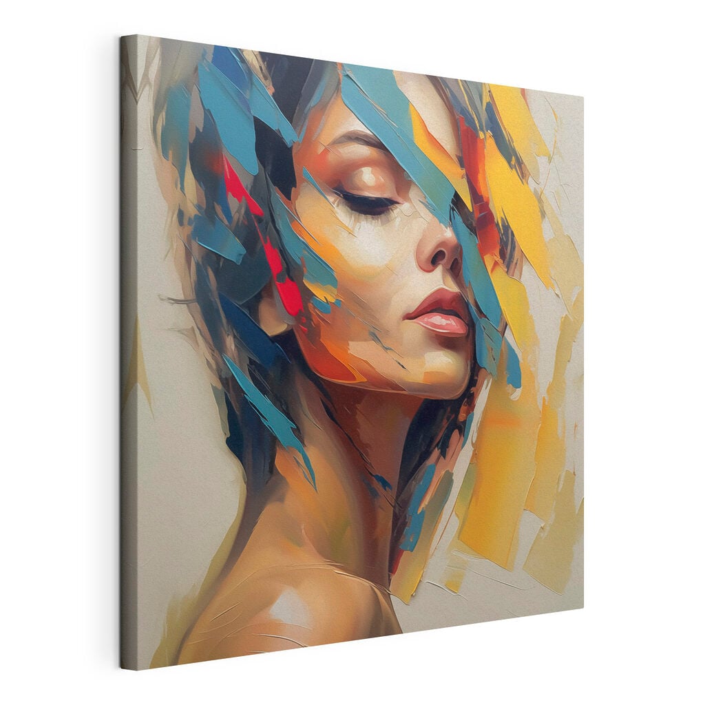 Painting of a woman with colorful paint on her face