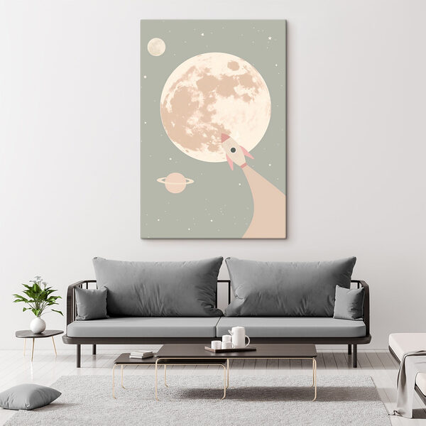 Wandbilder Rakete, die über den Mond fliegt