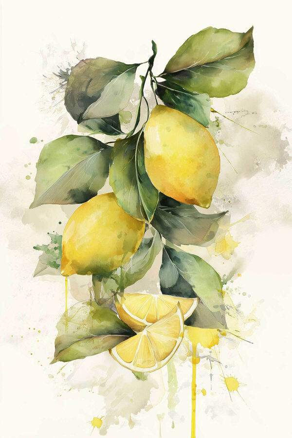 Watercolor painting of lemons and leaves