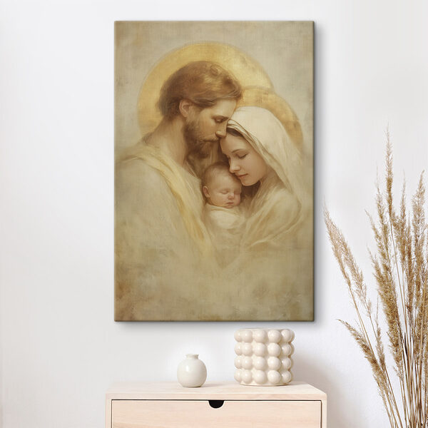 Wandbilder Gemälde einer Familie, die ein Baby im Arm hält