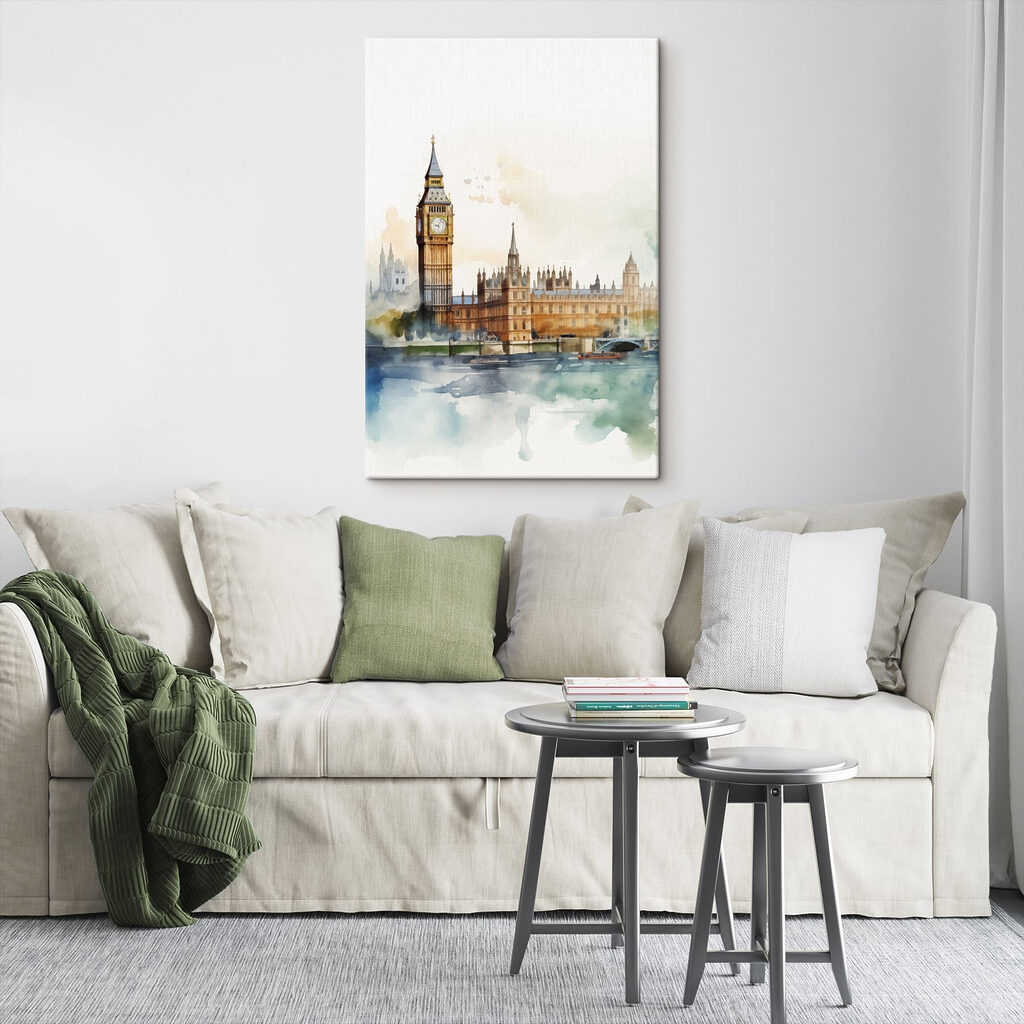 Watercolor of a building with a clock tower