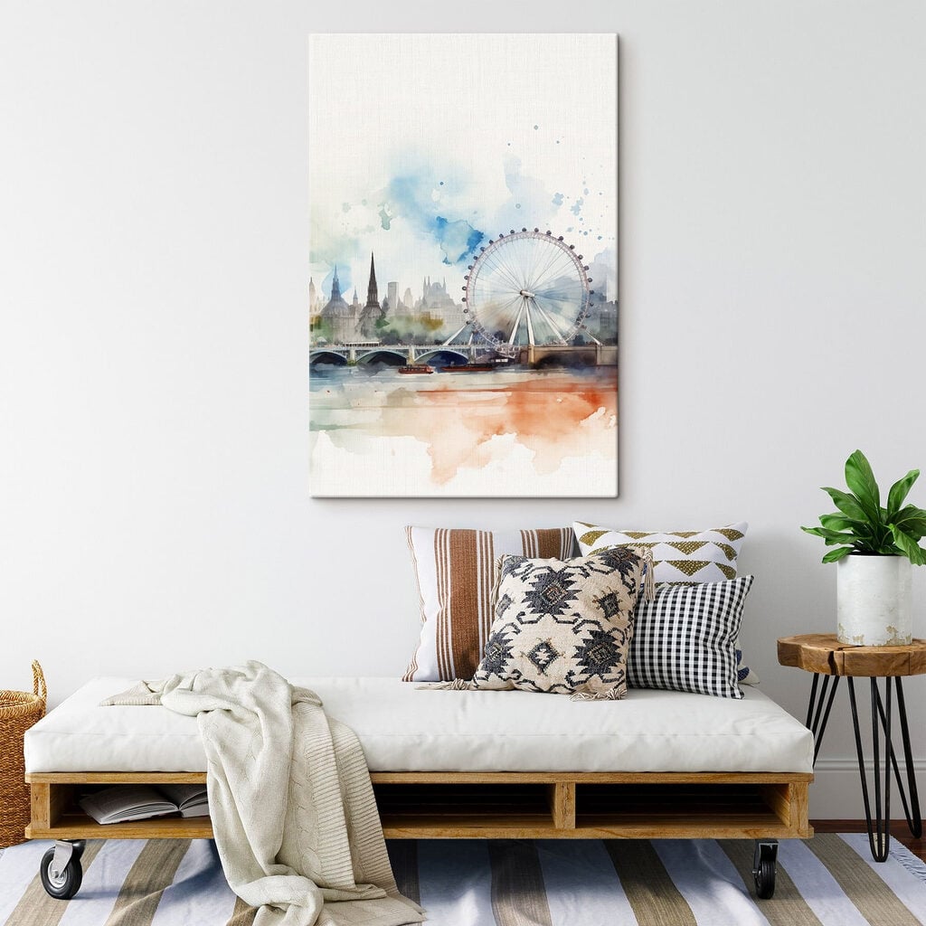Watercolor of a city with a ferris wheel and a bridge