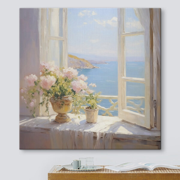 Wandbilder Gemälde mit Blumen auf einer Fensterbank