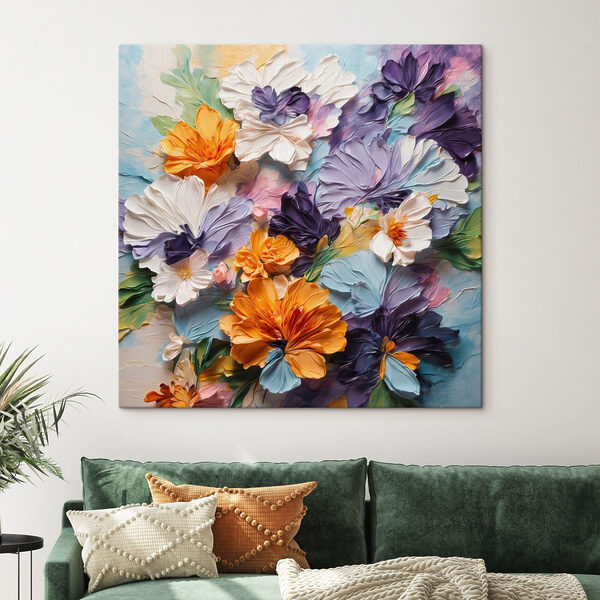 Wandbilder Gemälde mit Blumen auf blauem Hintergrund