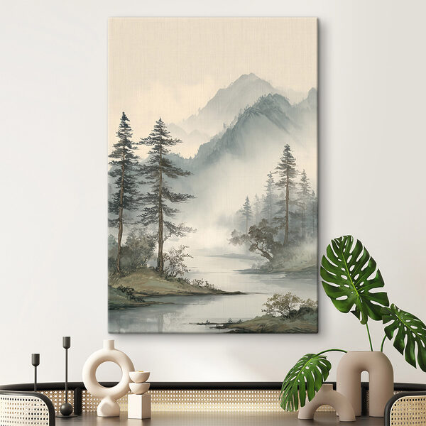 Wandbilder Fluss mit Bäumen und Bergen im Hintergrund