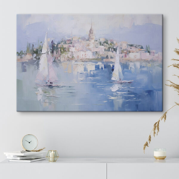 Wandbilder Gemälde von Segelbooten auf dem Wasser mit einer Stadt im Hintergrund