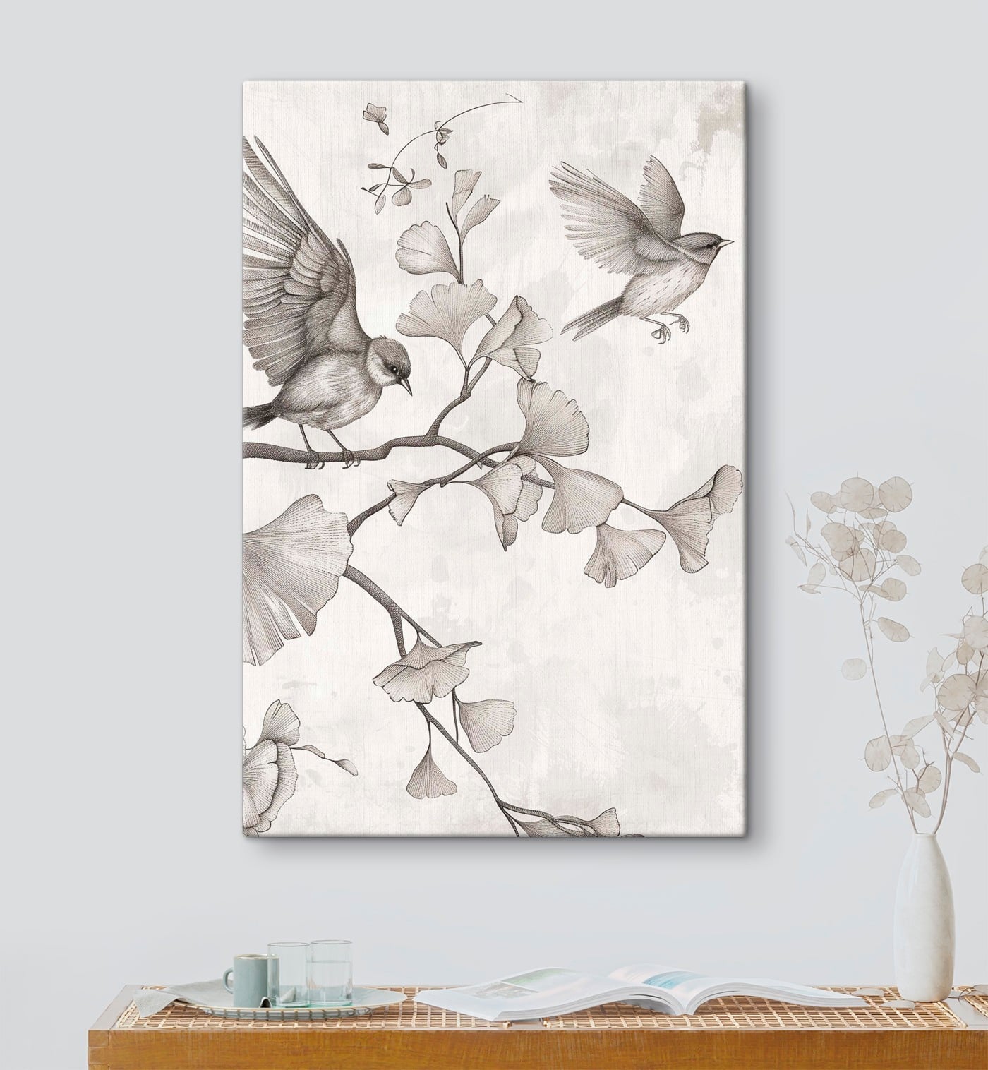 Birds on a branch with leaves