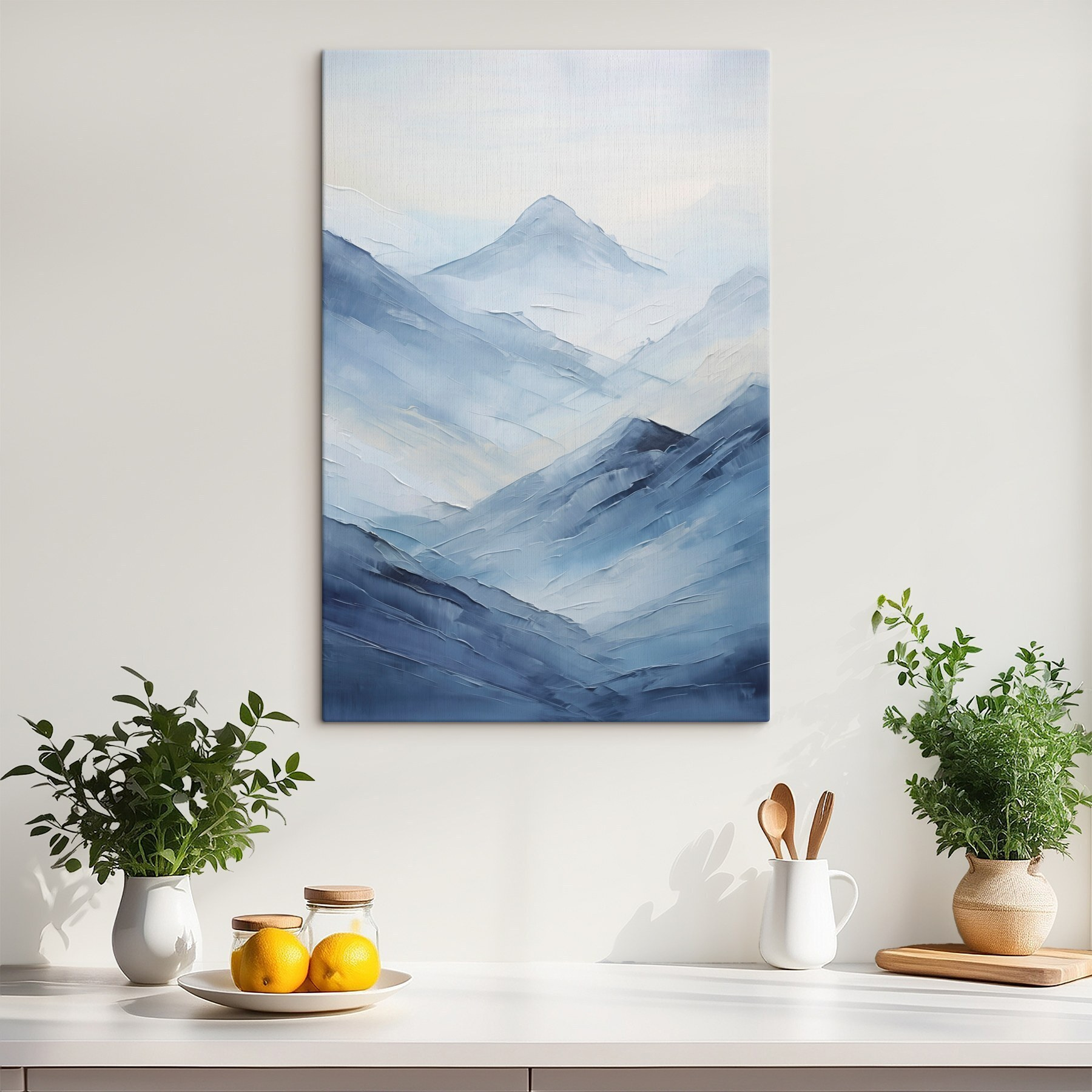 Painting of mountains in fog