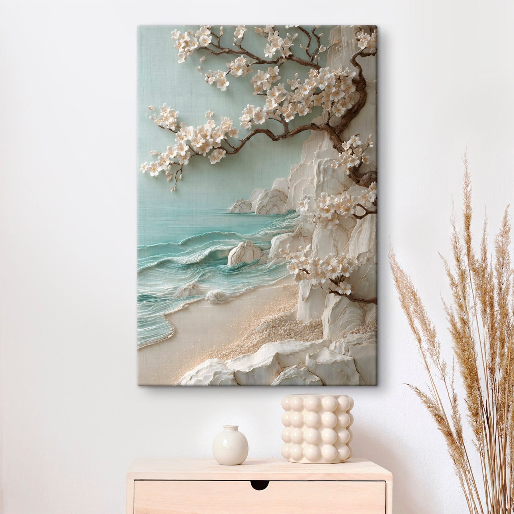 Tree with white flowers on a beach
