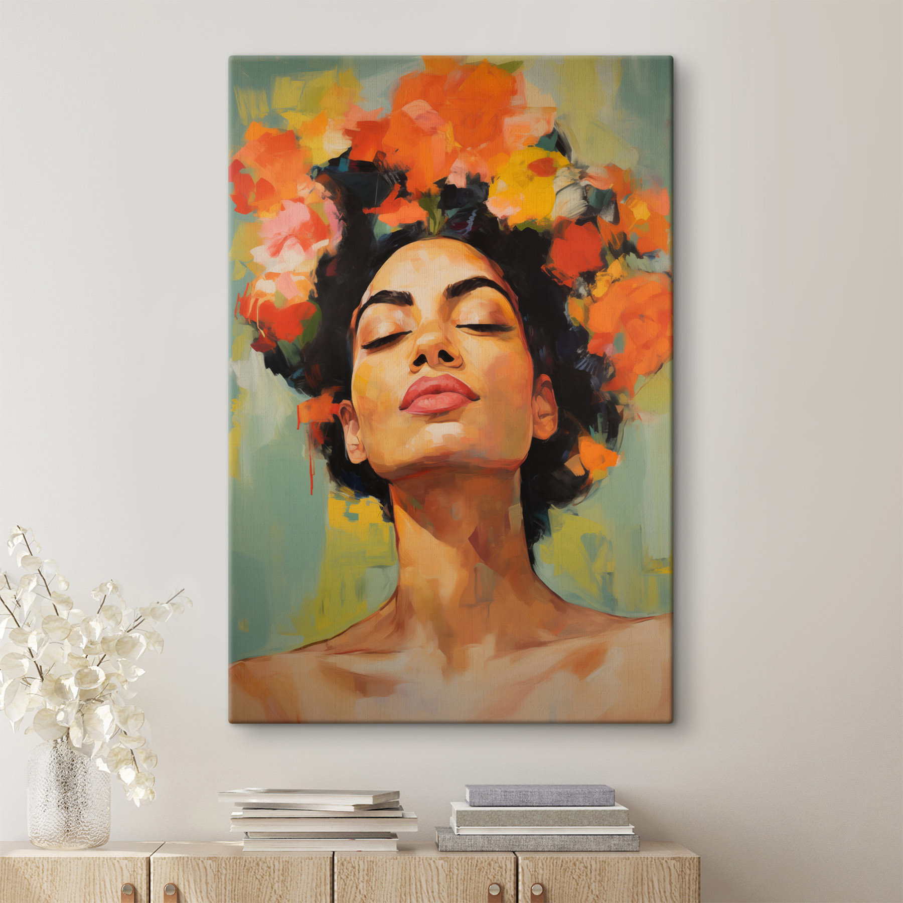 Painting of a woman with flowers in her hair