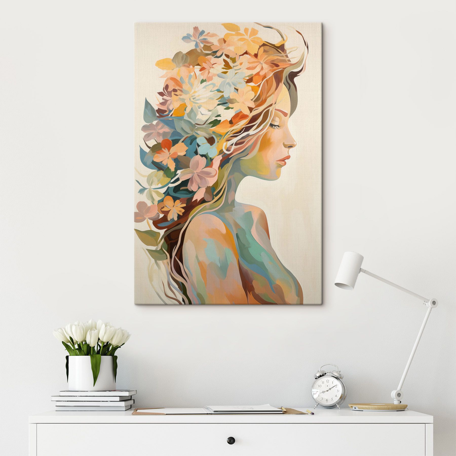 Painting of a woman with flowers in her hair