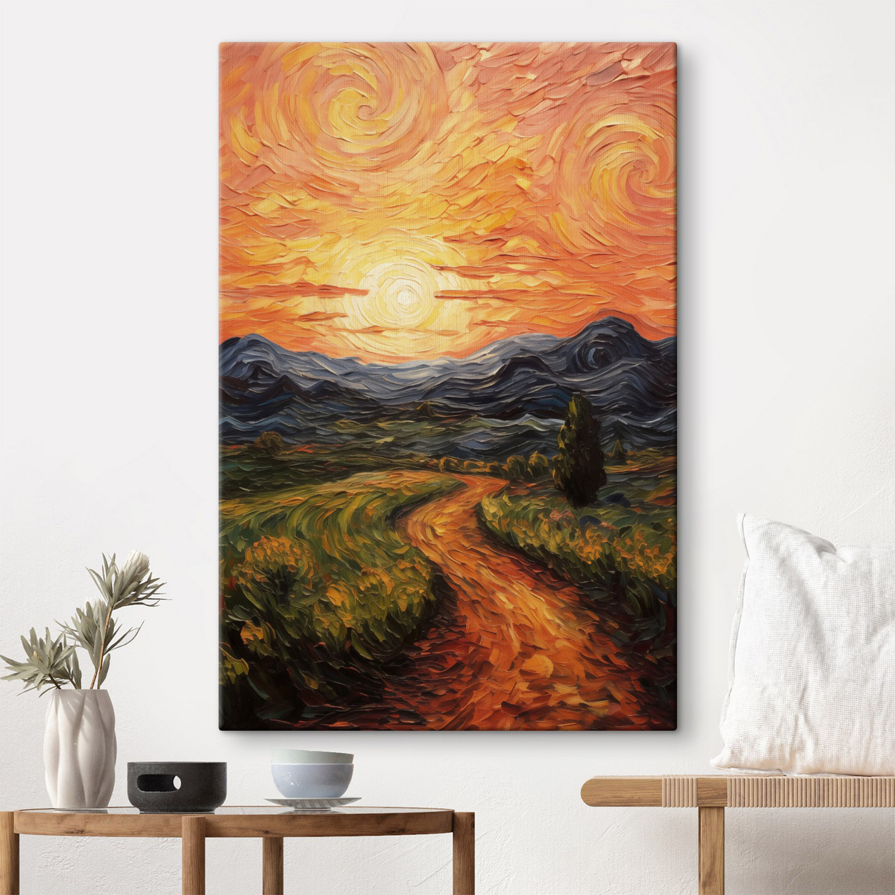 Painting of a road through a field with mountains and sun