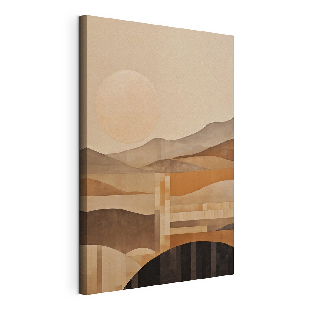 Painting of a landscape with a sun and mountains