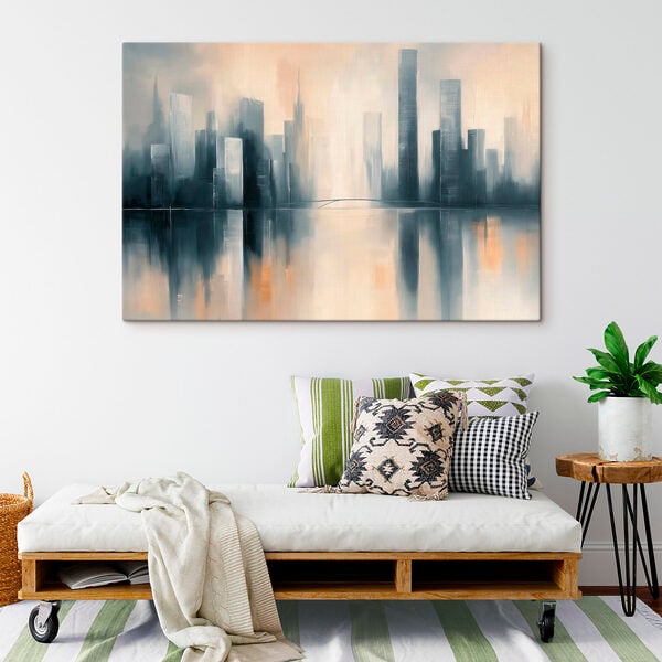City skyline with tall buildings reflected in water