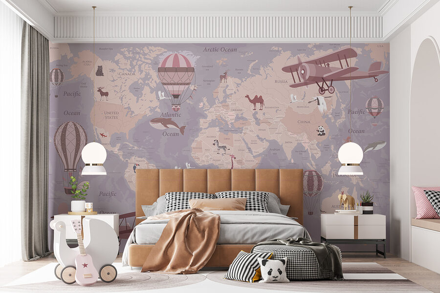 Eine Weltkarte mit Flugzeugen und Heißluftballons