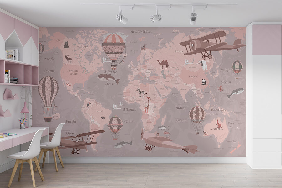 Eine Weltkarte mit Flugzeugen und Heißluftballons